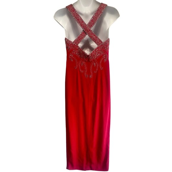 Jovani Red Beaded Crisscross Back Straps Maxi Long Evening Gown Size 10 Dress - Picture 2 of 16